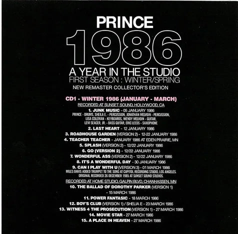 PRINCE / 1986 : A YEAR IN THE STUDIO =FIRST SEASON:WINTER/SPRING PRINCE / 1986 : A YEAR IN THE STUDIO =FIRST SEASON:WINTER/SPRING