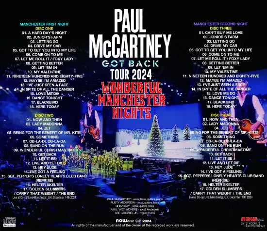Get Back Tour PAUL McCARTNEY / GOT BACK TOUR 2024: WONDERFUL MANCHESTER NIGHTS (4CDR ...